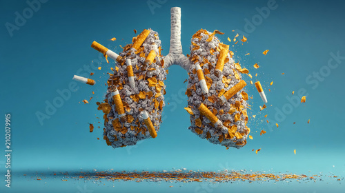 Visual representation of unhealthy lungs filled with cigarette butts and debris in a clear background