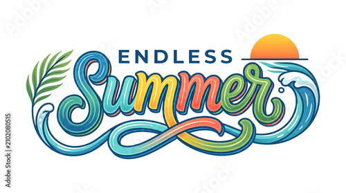 Endless Summer Colorful Typography PNG with Ocean Wave, Sunset and Palm Leaf, Hand Lettering Summer Quote Isolated on Transparent Background