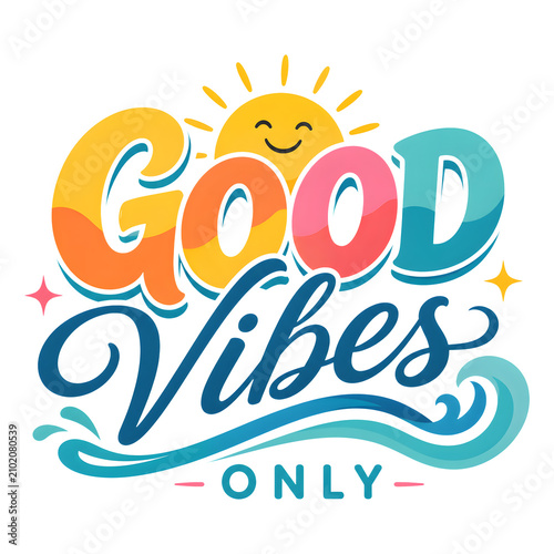 Good Vibes Only Colorful Summer Typography PNG with Happy Sun and Ocean Wave Hand Lettering Isolated on Transparent Background