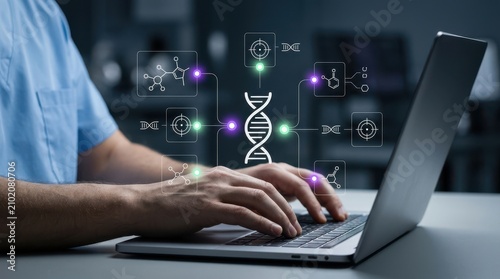 Foto Healthcare professional typing on laptop with DNA helix and molecular data icons