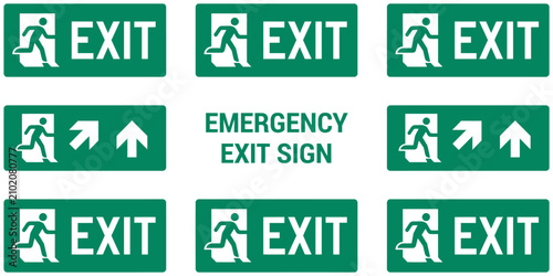 Emergency Evacuation Directions Inside Building Safety Sign Collection with Exit Icons, Route Symbols, and Directional Arrows