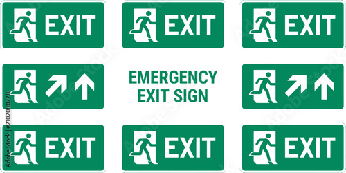 Emergency Evacuation Directions Inside Building Safety Sign Collection with Exit Icons, Route Symbols, and Directional Arrows