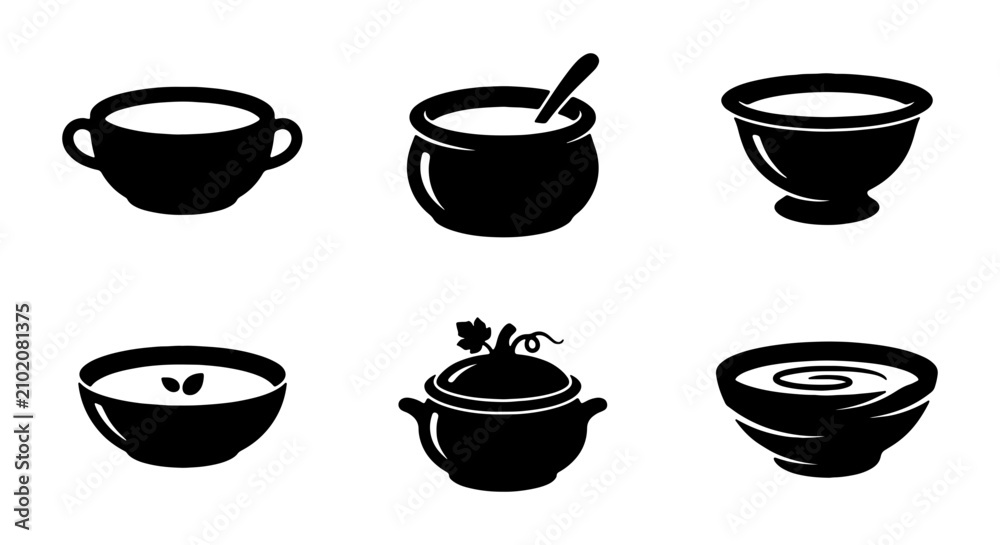Fototapeta premium Black and white soup bowl vector icons, minimalist food dish illustrations, kitchenware graphic elements