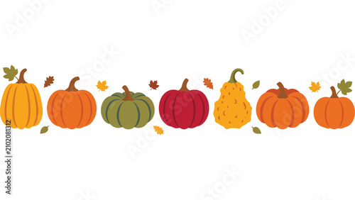 Autumn pumpkin border with fall leaves. Seasonal harvest vegetables for Thanksgiving design.