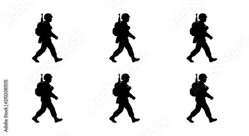 Tableau sur toile Soldier Silhouette Vector Set, Military Figure Walking, Army Man Graphic Resourc
