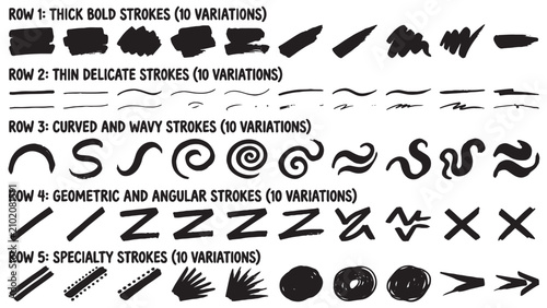 Fotografie Black brush stroke set thick thin wavy geometric specialty
