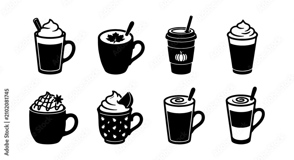 Fototapeta premium Autumn Coffee Drinks Vector Icons, Seasonal Fall Beverages Collection, Hot Chocolate & Latte Art