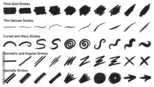 Obraz na plátně Hand drawn ink stroke library thick thin wavy specialty