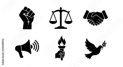 Justice, Equality, Peace Icons: Fist, Scales, Handshake, Megaphone, Torch, Dove