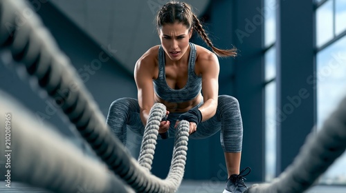Athletic Woman Works Hard With Battle Ropes in a Modern Training Area During a Workout Session