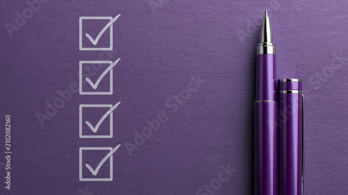 A purple pen rests next to a checklist with four marked boxes. A professional conceptual image for goal setting or.