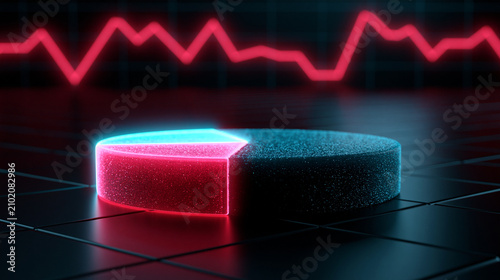 Neon red and blue glowing pie chart on a dark grid with a stock market line graph. Symbolizing digital financial growth.