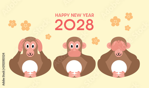 Photography Three wise monkeys for New Year 2028 card template
