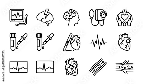 Cardiology and Neurology Line Icon Set Featuring Heart Attack, Stroke, Blood Pressure, Brain Pain, ECG Wave, and Cardiovascular Medical Care Symbols