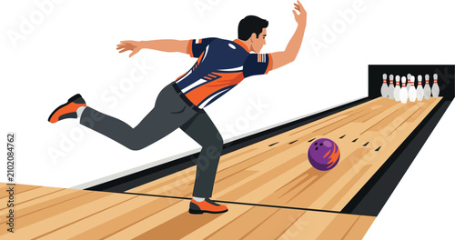 Fotografie Professional bowling player throwing ball on wooden lane, male bowler in action