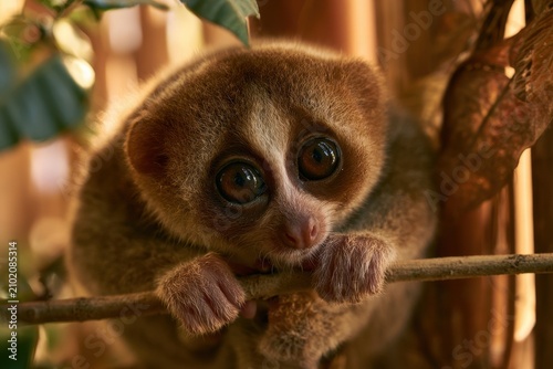 Conservation moment: slow loris in a wildlife rescue habitat in Pekanbaru