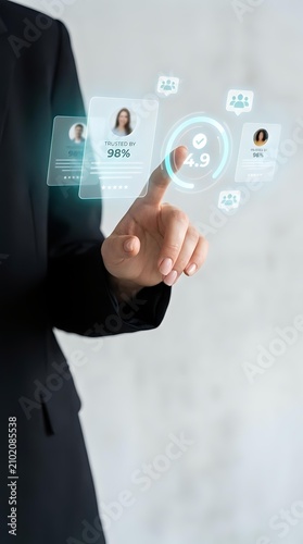 Businessman in dark suit touching holographic rating interface displaying 4.9 stars and 98% trust score with user profiles for app development, customer feedback, and digital services.