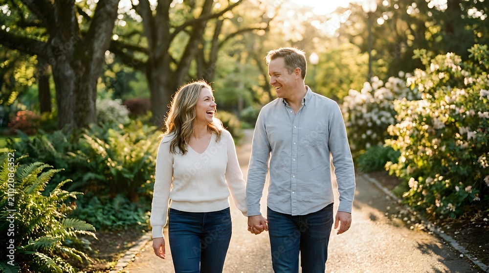 Fototapeta premium Mature couple holding hands while walking together on a tree-lined path during golden hour, enjoying outdoor leisure time and quality time together in nature.