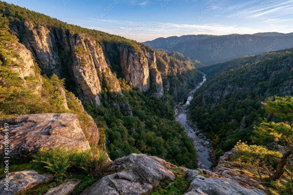 Obraz premium Golden hour over Linville Gorge: rugged cliffs, pines, and winding river