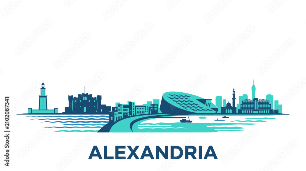 Naklejka premium Turquoise and Navy Linear Alexandria Egypt Skyline with Bibliotheca Alexandrina Waterfront Panorama Vector Illustration
