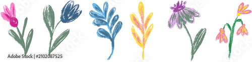 Hand drawn crayon flowers and colorful leaves set, wax pastel floral elements, sketchy blossom and branch collection, child art style plants isolated vector on transparent background