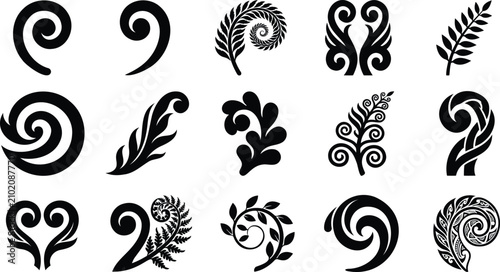 Set of black tribal fern and koru spiral design elements