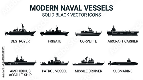 Black Solid Modern Naval Warship Silhouette Icon Set with Aircraft Carrier and Submarine Vector Illustration