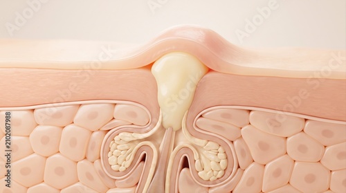 A 3D medical illustration showing a cross-section of human skin with an inflamed, puss-filled pimple.