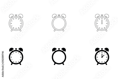 Set of six alarm clock in outline and solid black styles for time management and scheduling