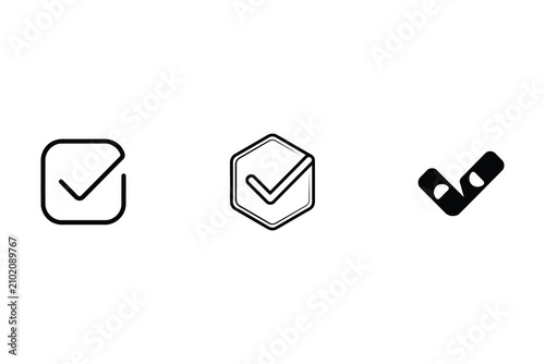 Three checkmark including square and hexagon frames, on a white background