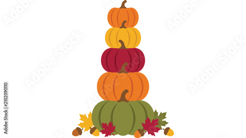Stacked autumn pumpkins illustration. Fall harvest vegetable tower with colorful leaves.