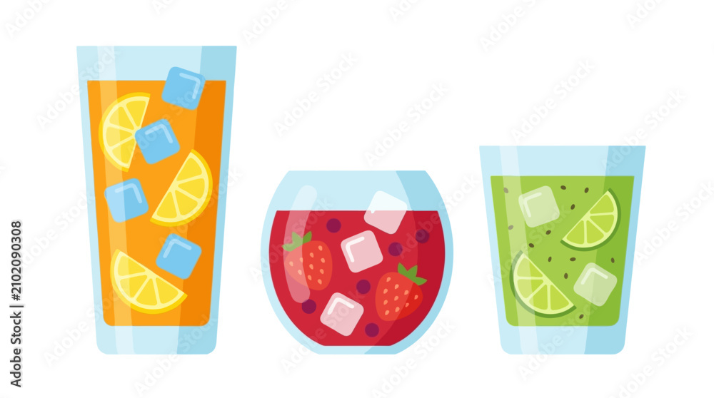 Obraz premium Three refreshing cold drinks with ice and fruit slices in glasses on a white background