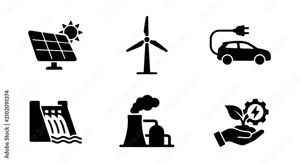 Fototapeta premium Green energy icon set, renewable power generation symbols, eco friendly technology vector illustrations, sustainable development glyphs