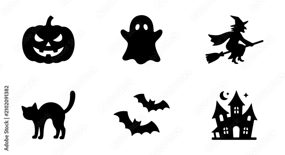 Fototapeta premium Halloween silhouette icons set, spooky black vector elements on white background, scary pumpkin ghost witch cat bats and haunted house graphics