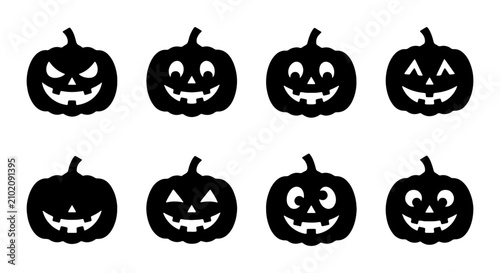 Halloween pumpkin silhouette icons set, spooky jack o lantern face vectors, black carved pumpkins with funny and scary expressions