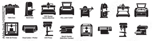 Silhouette Workshop Tool Icons: Table Saw, Bandsaw, CNC Router, Laser Cutter, 3D Printer, Drill Press, Sander
