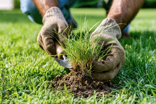Hands in gloves pulling crabgrass from turf during outdoor garden maintenance