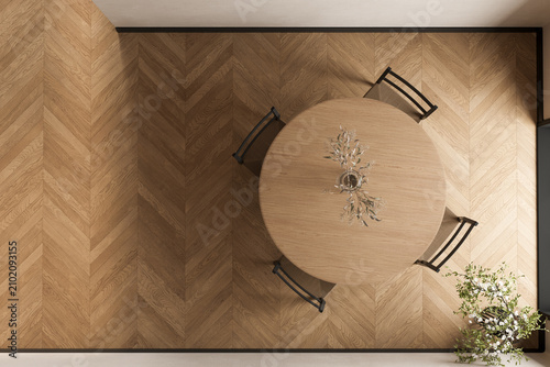 Top view of empty room showing light wood floor and dining table with chairs. Ideal surface for product presentation and background mockups. 3d Rendering