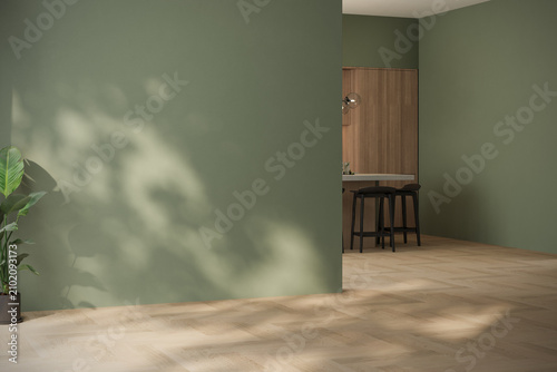 Modern interior design of apartment, kitchen, dining room with table and chairs, empty living room with green wall, panorama. 3d Render