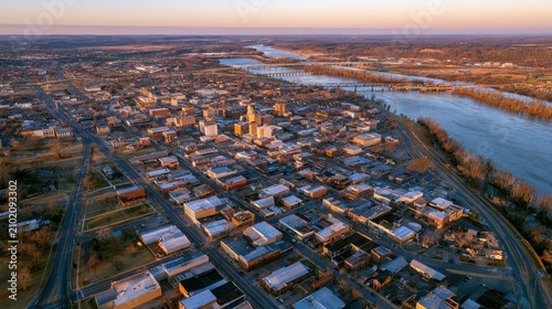 Drone photography of Clarksville cityscape: bridges spanning the Cumberland River, roads, rooftops, and green parks from above