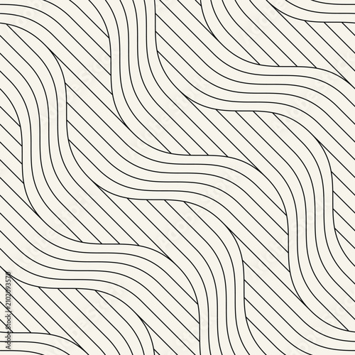 Seamless pattern with geometric waves. Endless stylish texture. Ripple thin monochrome background. Linear weaved grid. Thin interlaced swatch.