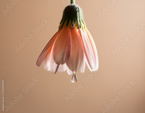 open flower hanging upside down a drop of water dripping from the petal to the floor against a beige background with soft neutral toned lighting