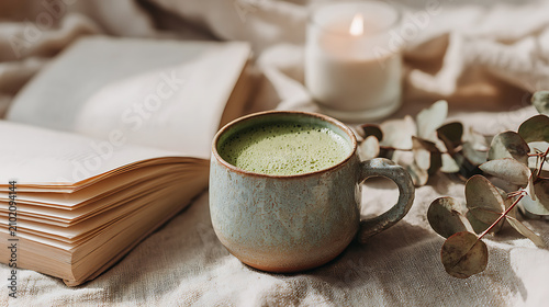 Cozy matcha tea with an open book, candle and eucalyptus creating a mindful self care ritual, symbolizing relaxation, meditation, mental wellness, calmness and peaceful living