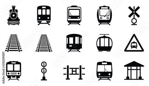 Schilderij op canvas Collection of black train and railway transportation icons representing differen