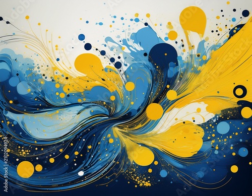 abstract design featuring blue and yellow splashes with dotted patterns