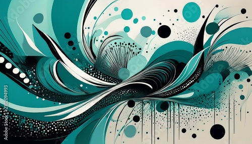 abstract graphic with splashes and dotted patterns in teal and black