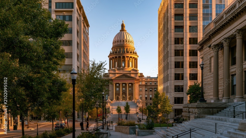 Obraz premium Idaho State Capitol Dome Rising Above Boise's Downtown Skyline at Golden Hour