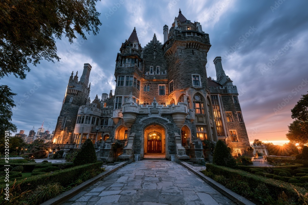 Obraz premium Gothic Castle Architecture at Dusk: Heritage Landmark with Towered Silhouette