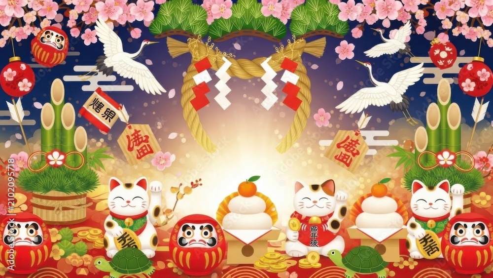 Naklejka premium Japanese New Year festive background. Traditional Shogatsu celebration with lucky symbols.