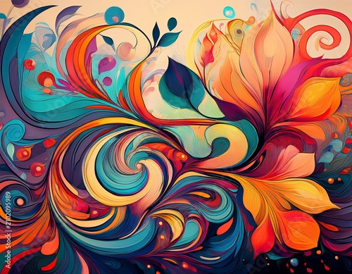 abstract floral painting with swirling colors and shapes